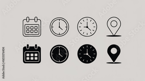 Vector Illustration of Calendar Clock and Location Icons for Scheduling and Appointment Management and Navigation Tools