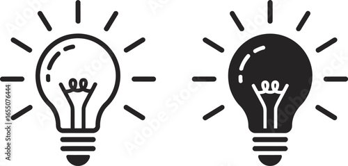 Two lightbulbs illustration, lightbulb idea icon with light rays on transparent background