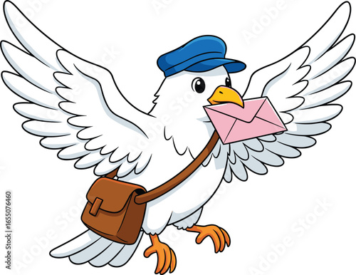Cartoon white pigeon mail carrier in blue cap flying with brown mailbag and pink envelope, cute bird character, postal service, delivery vector illustration