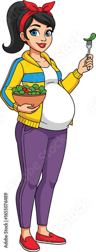 Pregnant woman in yellow jacket with blue stripes holding salad bowl and fork, healthy eating during pregnancy, nutrition and wellness vector illustration
