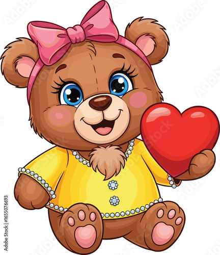 Cute cartoon teddy bear with brown fur, blue eyes, yellow dress with pearls, pink bow, holding red heart, adorable children’s vector illustration