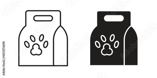 Two vector icons of a pet food package, one line art, one solid, isolated on white.