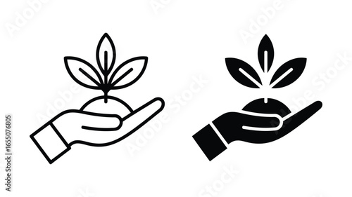 Vector art of hand holding a young plant sprout with leaves, symbolizing growth, nature, and new beginnings