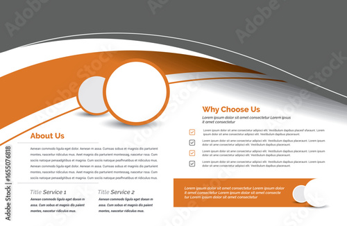 Brochure layout: orange and gray waves, white circles, "About Us" and "Why Choose Us" text, clean design, bright light, professional ambiance, top-down view.