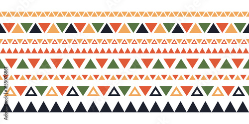 Mexican ethnic line seamless pattern. African ethnic motif border. Triangular color ornament stripe. African ethnic culture ornament. Vector illustration isolated on white background.