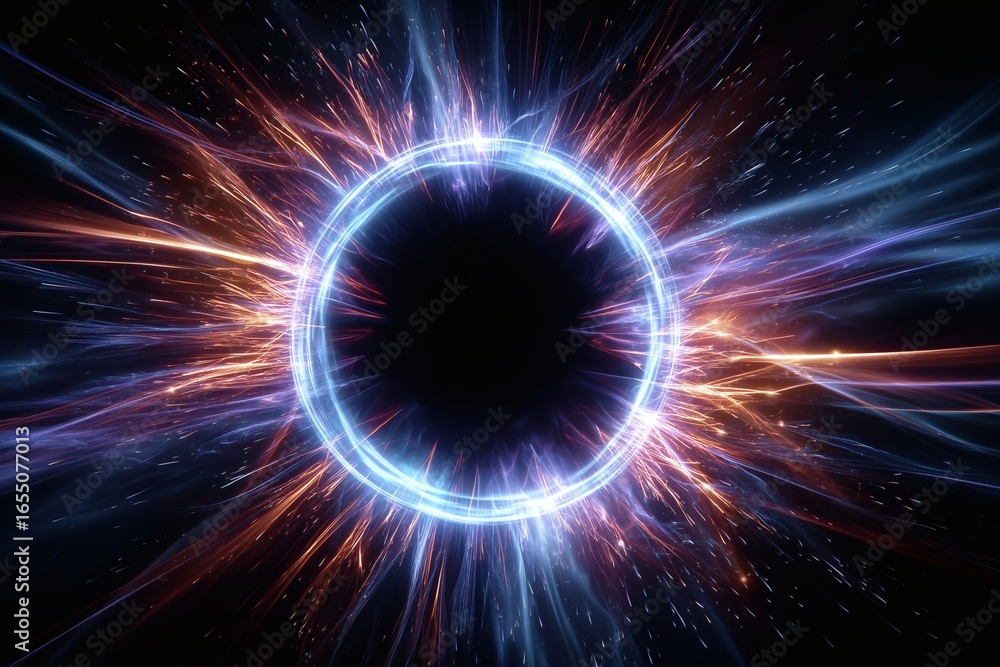 Fototapeta premium Circular portal of glowing energy with blue and orange light trails