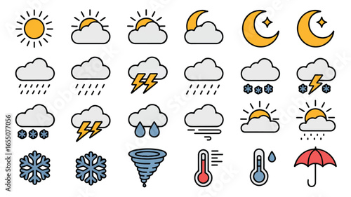 Weather forecast icons set depicting various conditions from sunny days to thunderstorms and snowfall with vector outline style