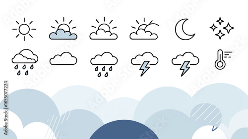 Weather Icons Set with Sun Clouds Moon Stars Lightning and Thermometer for Forecasting Applications and Website Designs
