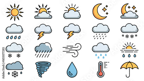 Weather Icon Set Depicting Various Conditions Including Sunshine Rain Snow and Storms with Modern Design