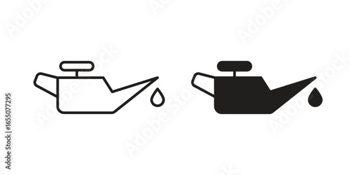 Two oil can icons, one line art and one solid black, isolated on white. Perfect for automotive or industrial design.