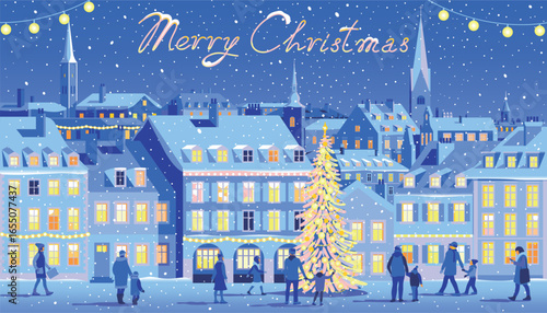 Winter urban European night cityscape with people, traditional houses and churches under snow. Trendy handmade drawing vector illustration. Can be used for Christmas gifts, decorations etc.