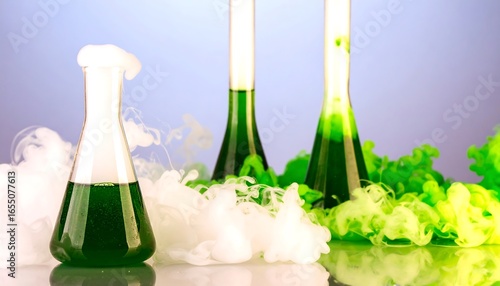 Three glass beakers filled with vibrant green liquid, surrounded by swirling white and green smoke, showcase a captivating chemistry experiment.
