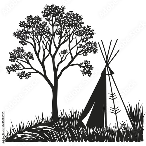 Teepee in clearing silhouette