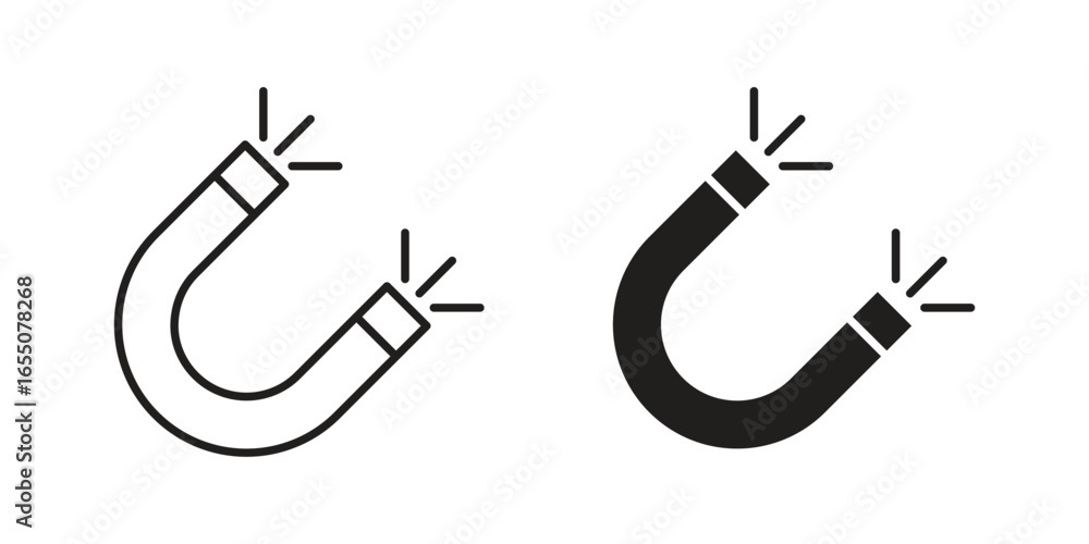 Fototapeta premium Two horseshoe magnet icons, one line style and one solid, isolated on white. Perfect for marketing or technology.