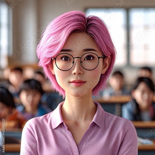 Beautiful Anime Teacher with Pink Hair and Glasses in Classroom