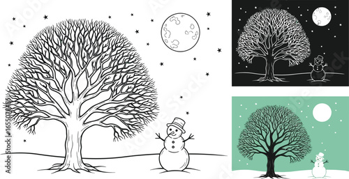 Enchanting winter scene with bare tree, snowman, and full moon