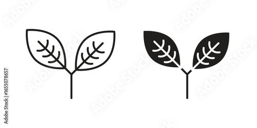 Simple vector illustration of two leaves, one line art and one filled, isolated on white.
