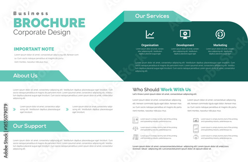 A teal and white business brochure displays services with icons, text blocks, and geometric shapes, creating a clean, professional, and informative layout.