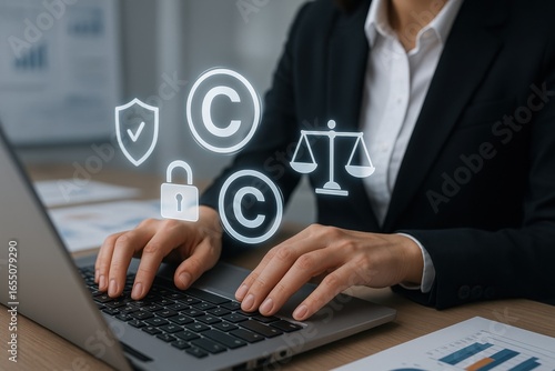 Navigating Digital Copyrights: A professional in a formal suit meticulously works on a laptop. Above the person, holographic icons representing copyright protection, digital security.