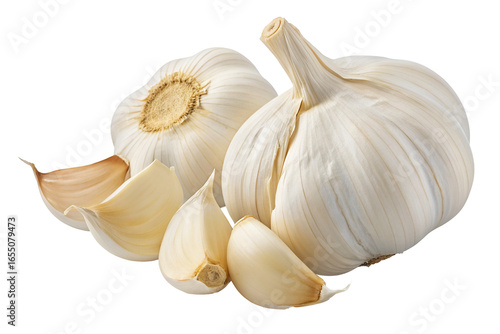 Fresh organic garlic bulbs and cloves isolated on white background for healthy cooking ingredients