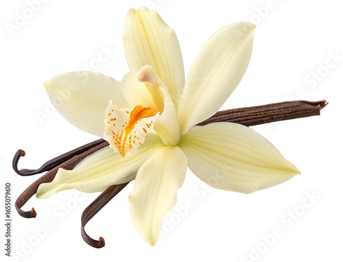 Beautiful vanilla orchid and beans isolated against a white background for culinary and floral uses