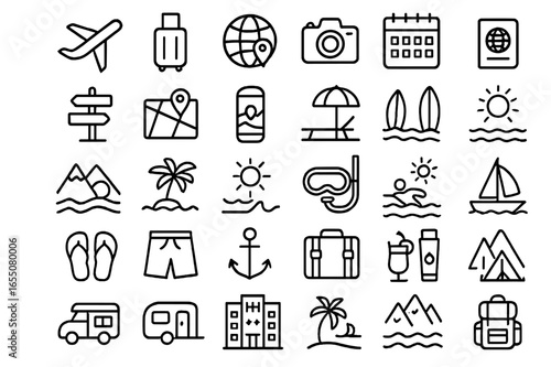 Travel icons showing activities, destinations, and essentials for a memorable trip to tropical locations and adventures