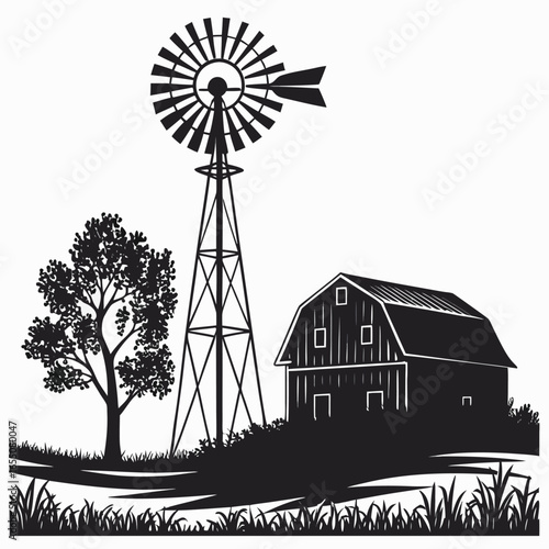 Old windmill near barn silhouette