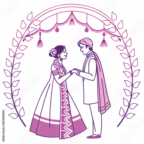 Romantic Indian Wedding Illustration of a Bride and Groom in Traditional Attire United in Love