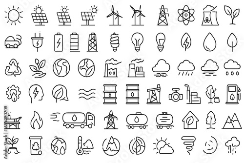Collection of energy and environmental icons illustrating various sustainable and renewable energy sources and concepts in a minimalist style