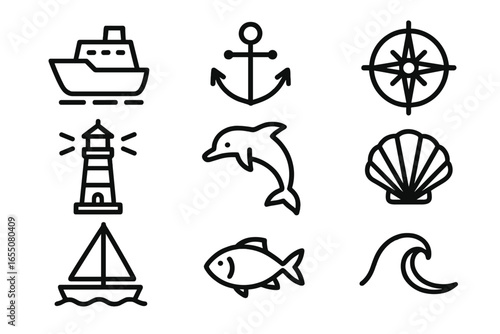 Nautical symbols depicting sea life and maritime activities in a minimalist style