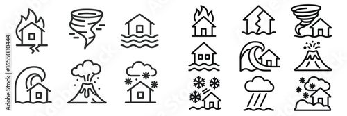Disaster icons representing various natural hazards including floods, hurricanes, wildfires, and earthquakes with homes impacted