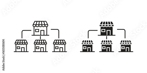 Illustration of a store network with a main store and several branches. Simple line and solid icon designs isolated on white.