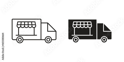 Simple line art and solid black food truck icons, isolated on white. Perfect for mobile apps or websites.