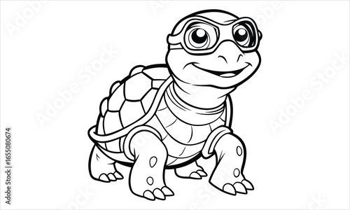 Turtle with glasses in front of studio close up t shirt design silhouette and vector line art, Detailed Line Art Design, Perfect for Relaxation, Adult Coloring Books.