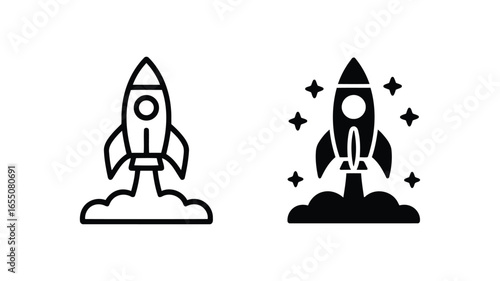 Two stylized rocket ship launch icons; outline and solid black;  representing startup, innovation, and rapid growth; perfect for website banners, presentations, and app design.