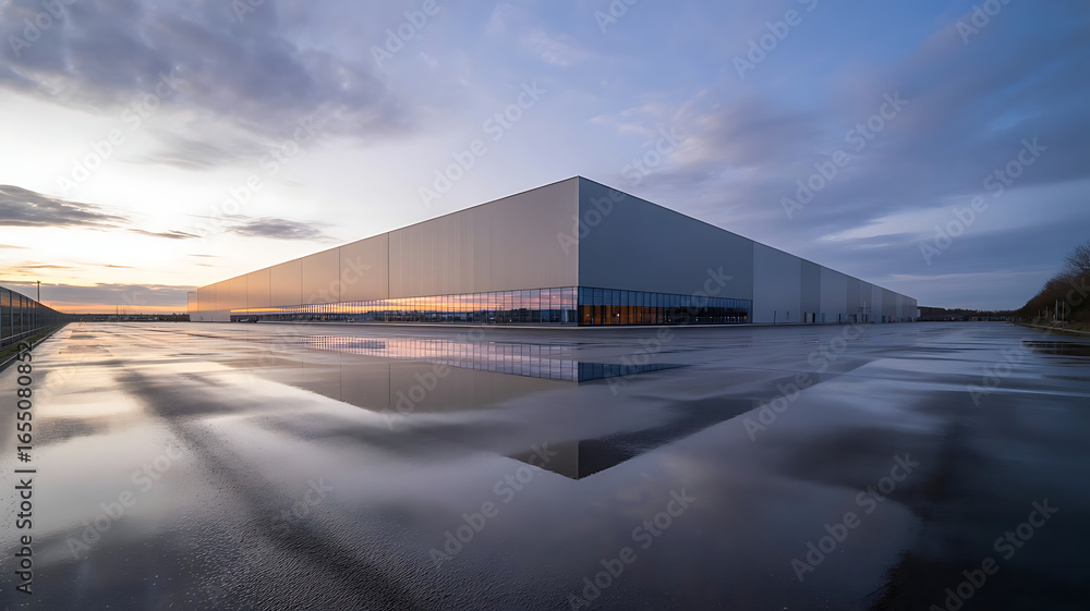 Obraz premium A wide-angle, low-perspective shot of a large, modern industrial building at sunset with reflections in puddles. 