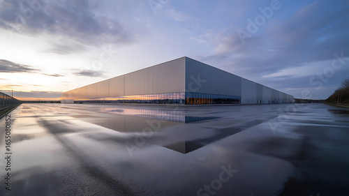 A wide-angle, low-perspective shot of a large, modern industrial building at sunset with reflections in puddles.
