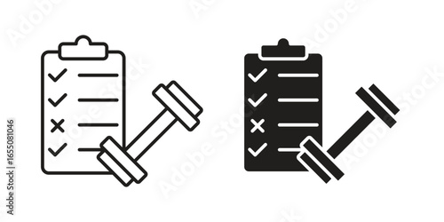 Two variations of a fitness checklist icon with a dumbbell. Line art and solid black versions.