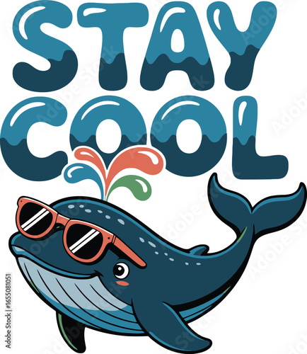 Blue whale wearing sunglasses spouting water with stay cool text vector