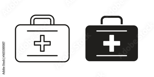 Two first aid kit icons: one line art, one solid black. Medical cross symbol included. Isolated on white.