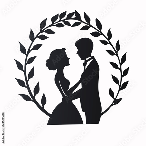 Elegant Wedding Silhouette Framed by Laurel Wreath A Symbol of Love and Commitment for Invitations and Designs