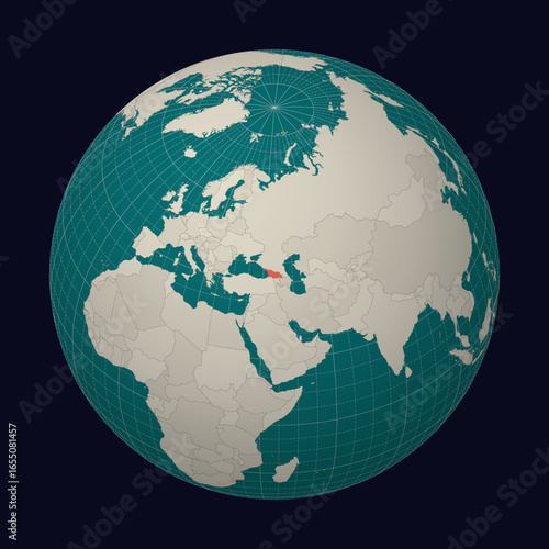 Georgia on the map. Globe centered to Georgia. Country location on the world map. Teal Pale Mint color palette. Globe with countries, meridians and parallels. Alive vector illustration.