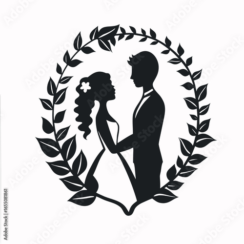 Elegant Wedding Silhouette Framed by Laurel Wreath A Symbol of Love and Commitment for Invitations and Designs