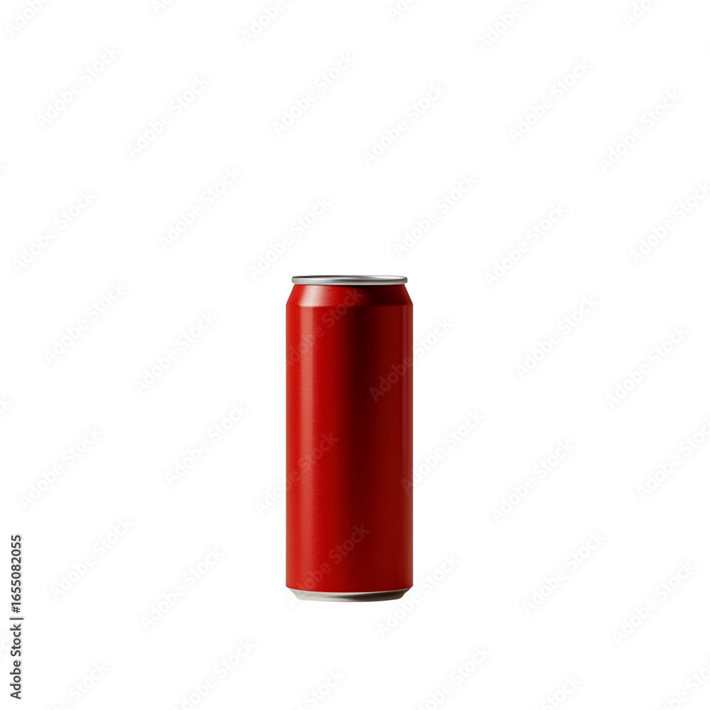 Obraz premium A single red aluminum beverage can with a reflective metallic surface stands isolated against a stark dark backdrop transparent background