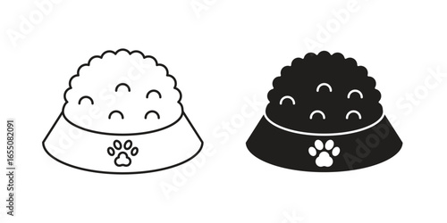 Line art and solid black icons of a pet food bowl filled with kibble and a paw print. Isolated on white.