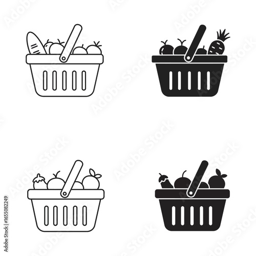 Four shopping baskets filled with various fruits in black and white