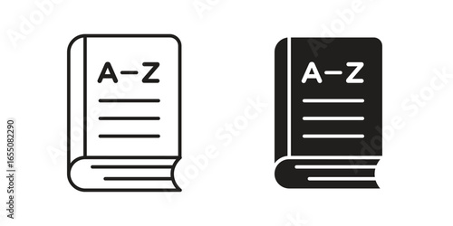 Two simple dictionary icons: one line art, one solid black, both showing A-Z and pages. Isolated on white.