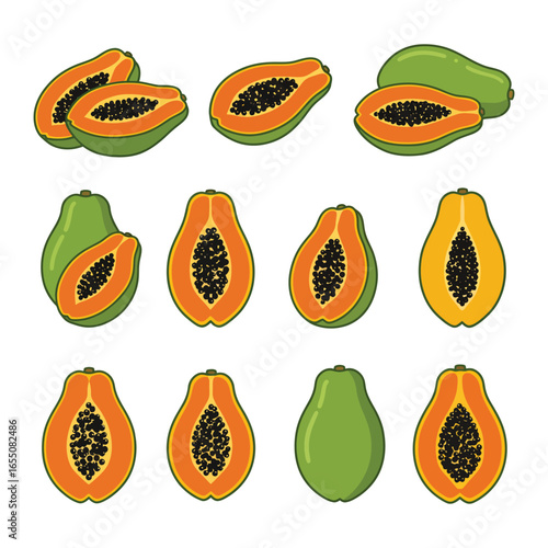 A collection of papaya fruits in different stages and cuts