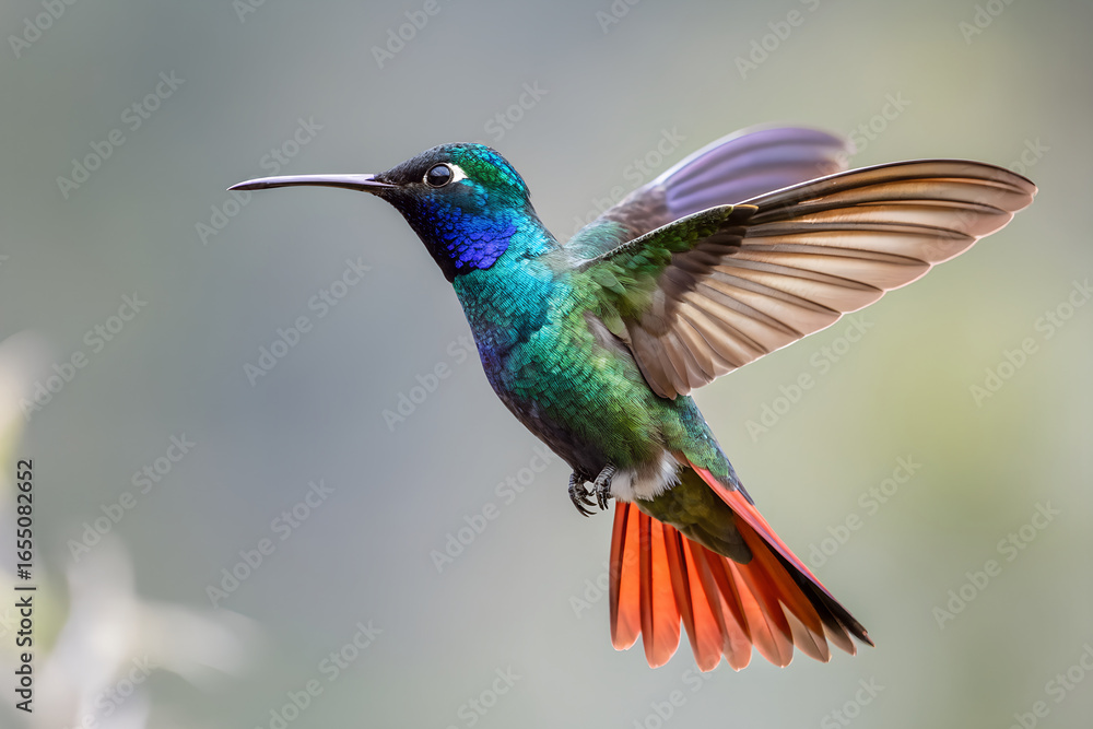Fototapeta premium Stunning Golden-tailed Sapphire Hummingbird in Mid-Air Flight Generative Ai.