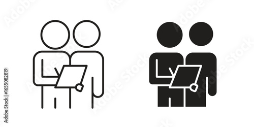 Simple icon of two individuals holding a document, available in line art and solid black styles. Isolated on white.